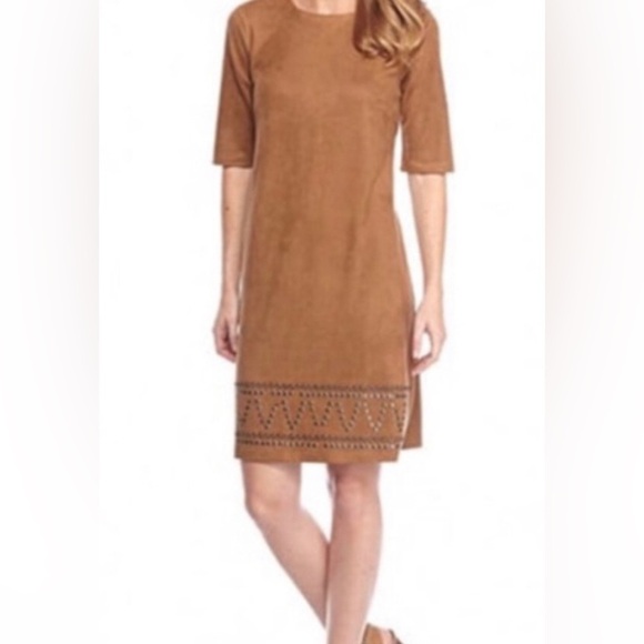 SPENSE Faux Suede Bohemian Studded Short Sleeve Midi Dress Neutral Hippie Size 8 - Picture 2 of 13